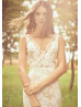 V Neck Ivory Lace Boho Wedding Dress With Champagne Lining